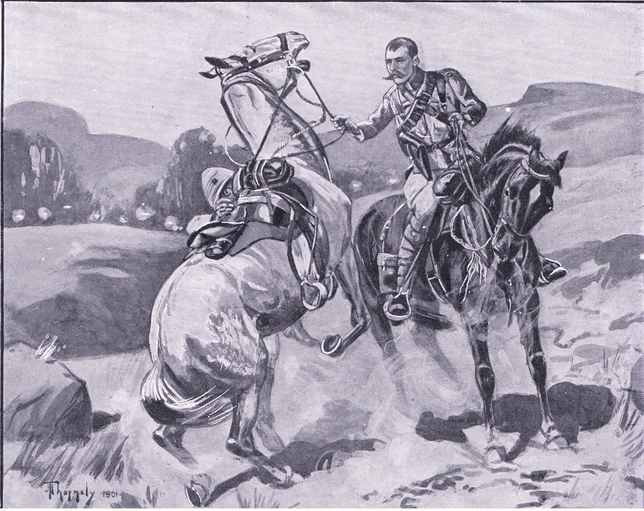 Major Brown, 14th Hussars, håller liet Browns häst under kraftig eld, illustration från After Pretoria: The Guerilla War, 1902 av J. H. Thorneley