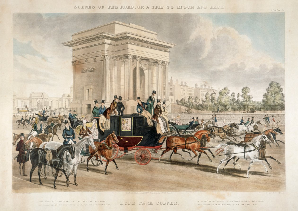 Hästdragna vagnar längs Hyde Park Corner, London, 1838 av J Harris