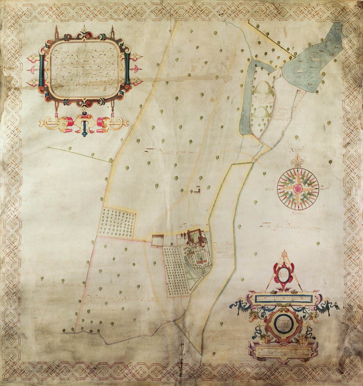 Karta över herrgården i Shifnal, Shropshire, 1635 (bläck och färg på veläng) av J. Harrison