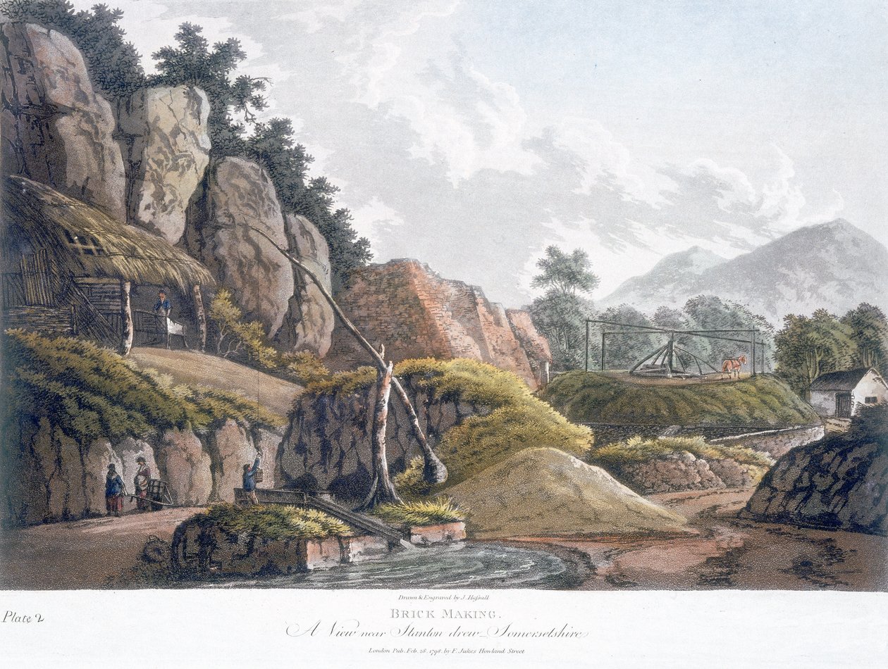 Brick Making nära Stanton Drew, Somerset, 28 februari 1798 (färgad akvatint) av J. Hassall