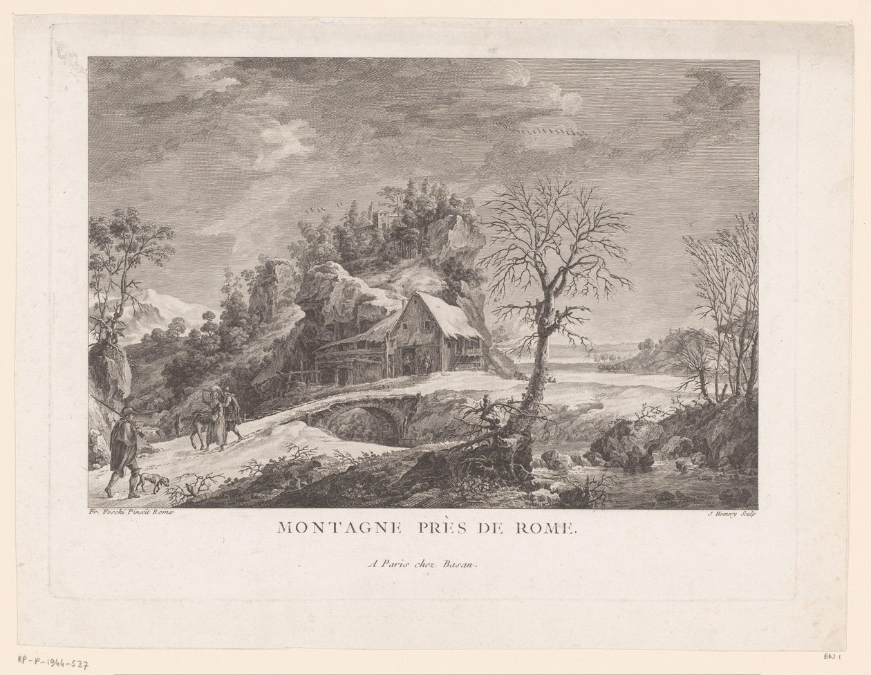 Vy över ett hus nära en bro med figurer Montagne près de Rome (titel på objekt) av J. Hémery