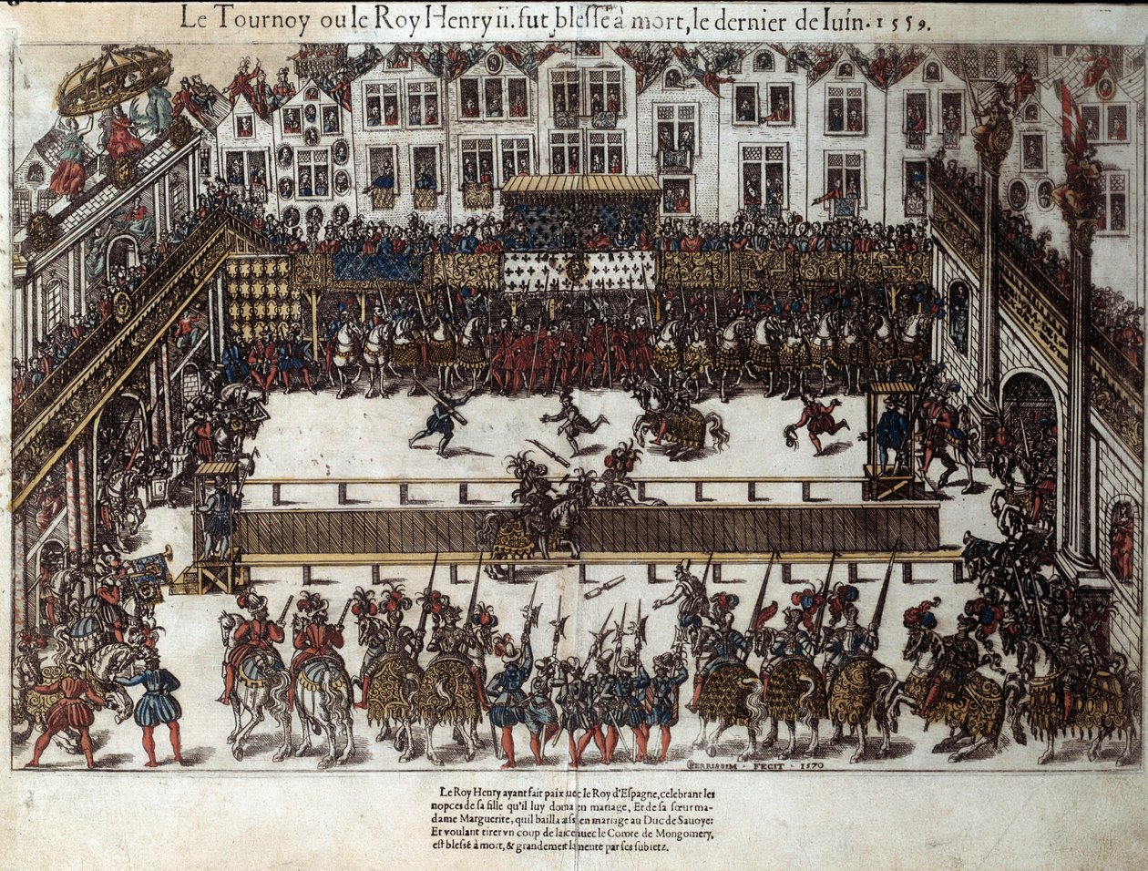 Henri II:s turnering och död (30 juni 1559): vid sin dotters bröllop (för närvarande place des vosges) kämpade han mot Gabriel de Montgomery, kapten för hans skotska garde, som skadar honom med ett spjut i ögat. Gravyr från 1500-talet av Pe av J. J. and Tortorel J. (fl.1568 92) Perrissin