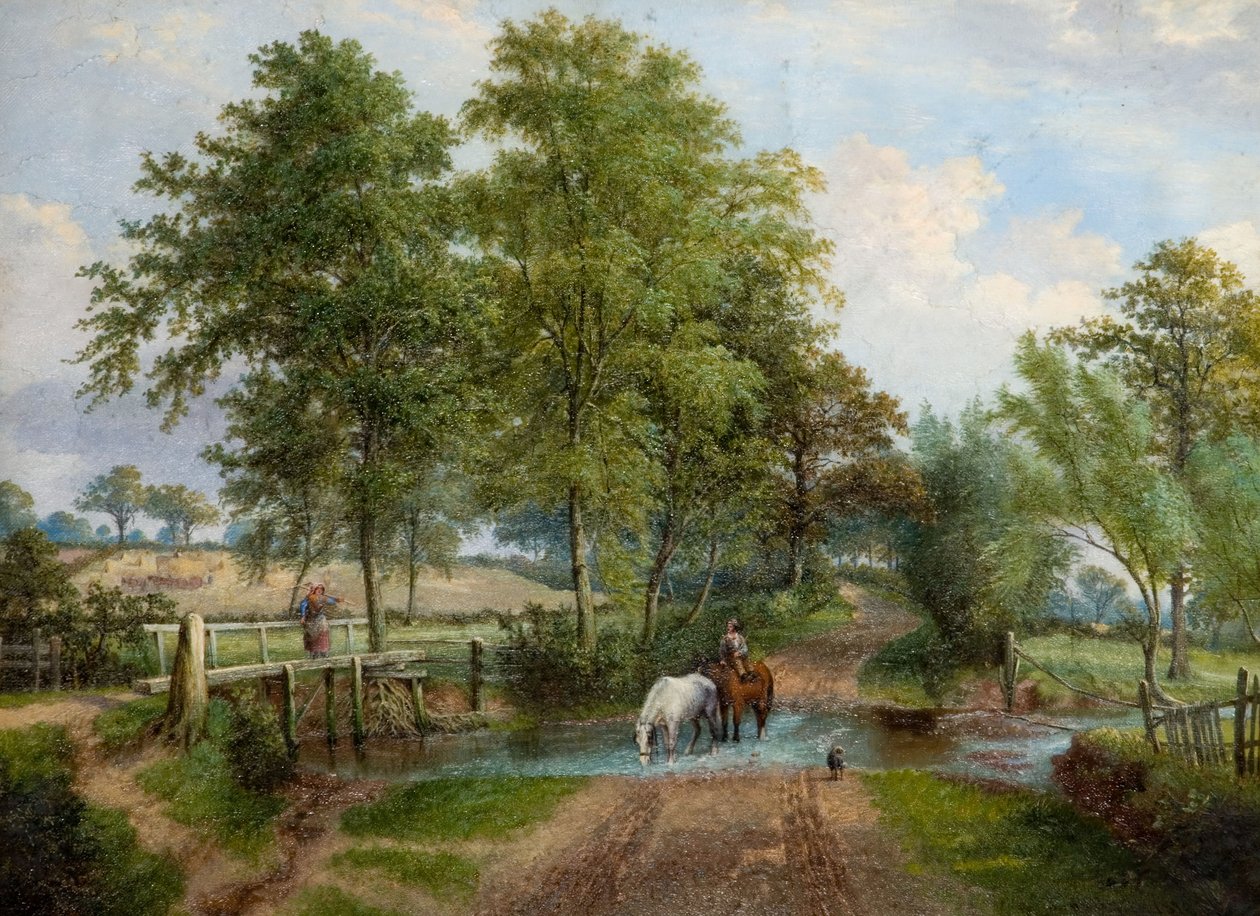 Lantlig scen med hästar vid strömmen, 1870-talet. av J. Jolly