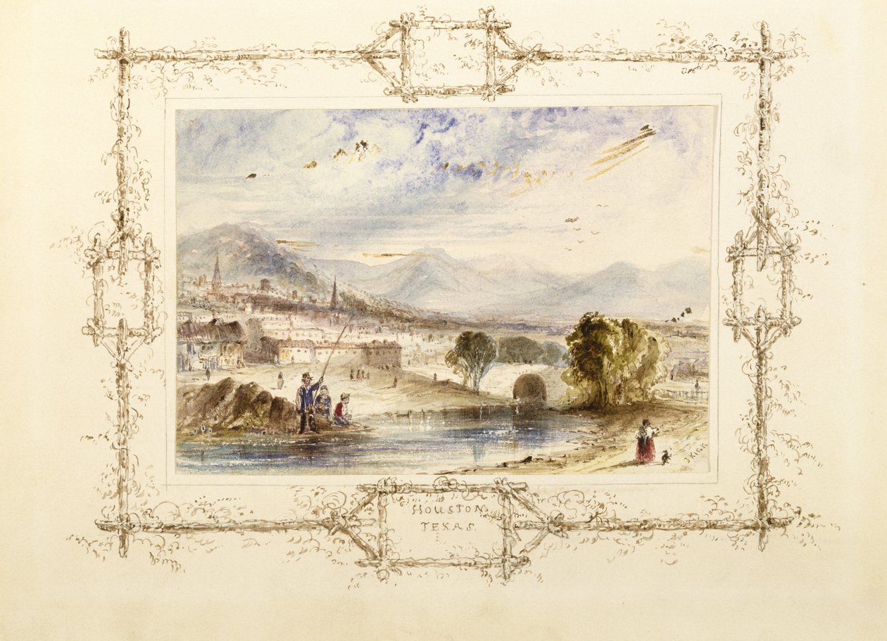 Utsikt över Houston, ca. 1846 (akvarell på vävt traspapper med gelatinhöjdpunkter på sekundärt underlag av vävt papper) av J. Kick