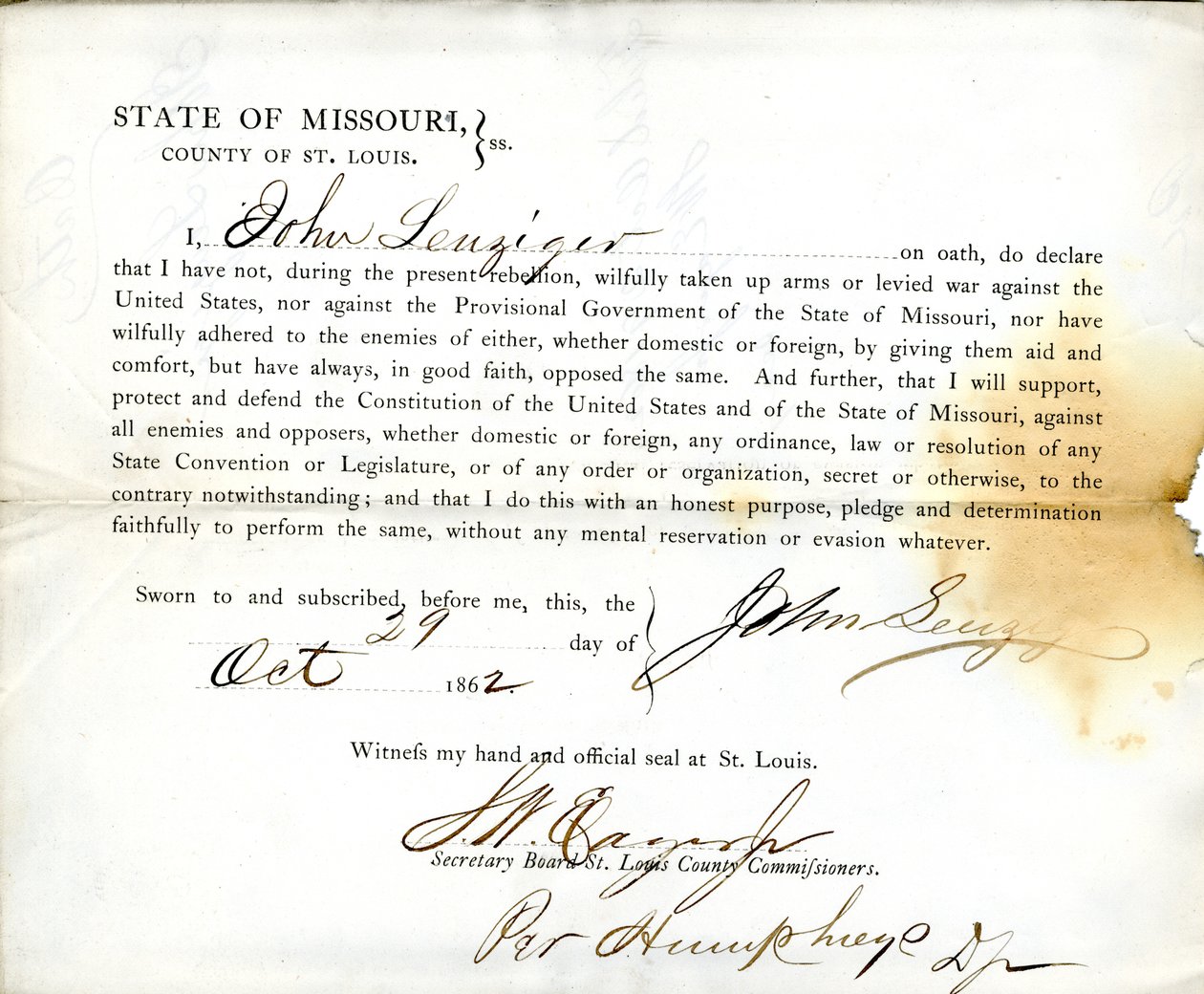 Loyalty oath of John Leuziger of Missouri, County of St.Louis av J. Leuziger