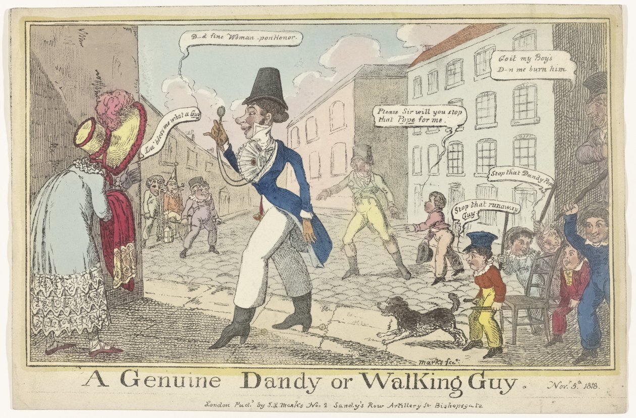 Spotprent på dandy på Guy Fawkes Day En äkta Dandy eller Walking Guy (titel på objekt) av J. Lewis Marks