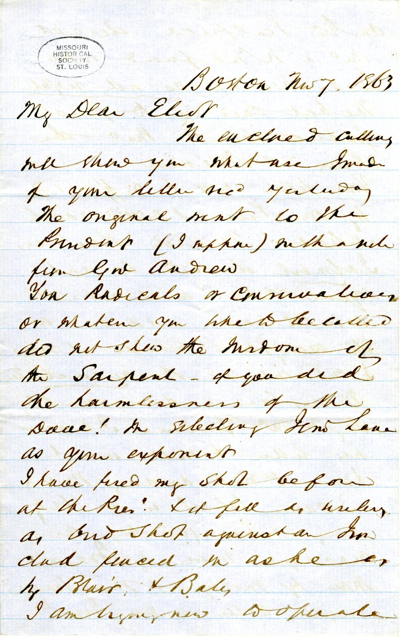 Letter signed J.M.F. [J.M. Forbes], Boston, to Eliot [William G. Eliot], November 7, 1863 av J. M. Forbes