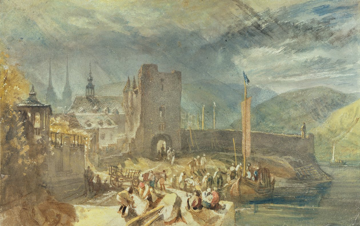 En vy över Boppard, med figurer på flodstranden av J. M. W. and Wyatt James Turner