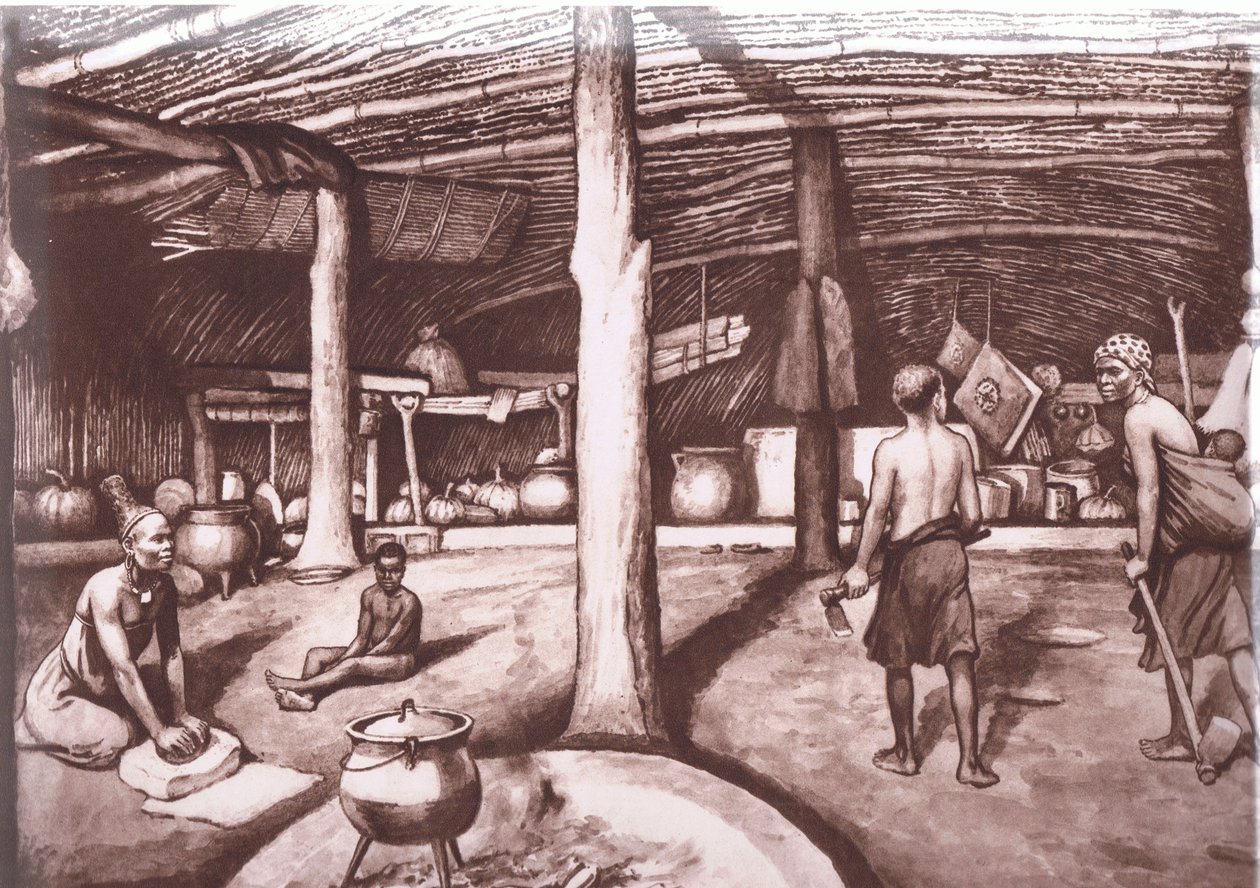 Inuti en Kaffirkraal, från MacMillan skolaffischer, ca 1950-60-tal (litho) av J. Macfarlane