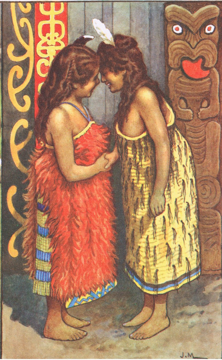 Maori-flickor, från MacMillan-skolans affischer, ca 1950-60-talet (lito i färg) av J. Macfarlane