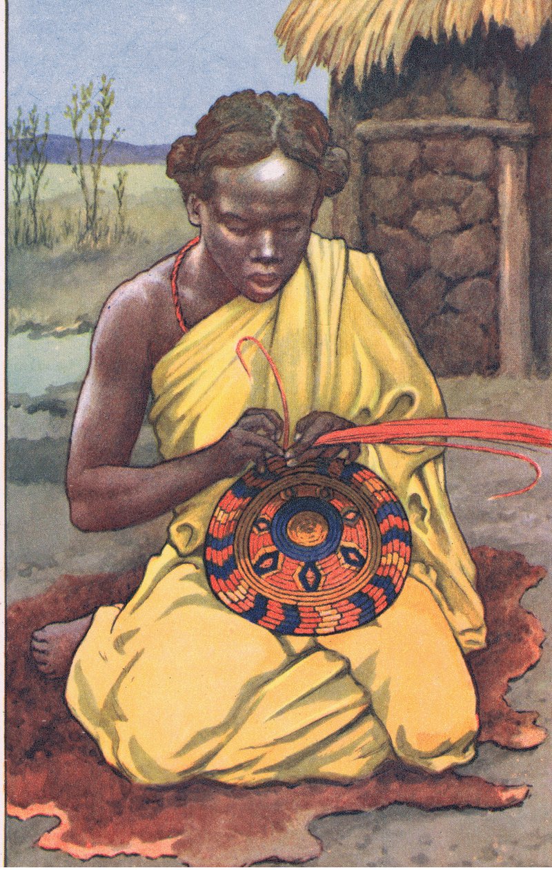 Raffia-arbetaren, från MacMillan-skolans affischer, ca 1950-60-tal (lito i färg) av J. Macfarlane