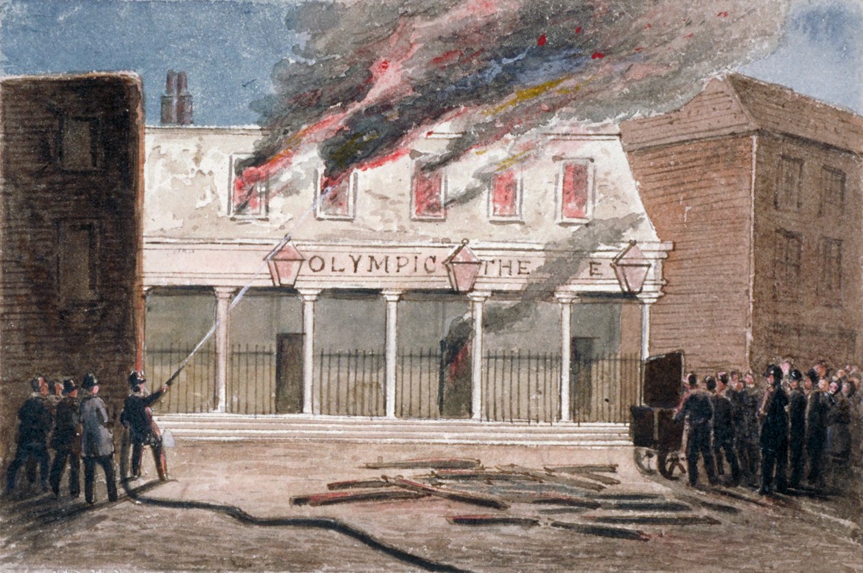 Brand vid Olympic Theatre, Wych Street, Westminster, London, 1849 av J Maund