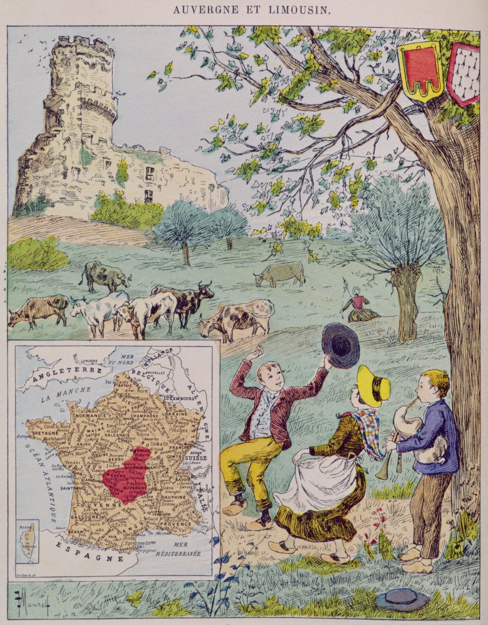 Auvergne och Limousin, illustration för Le Tour de France av Marie de Grandmaison, 1893 av J. Maurel