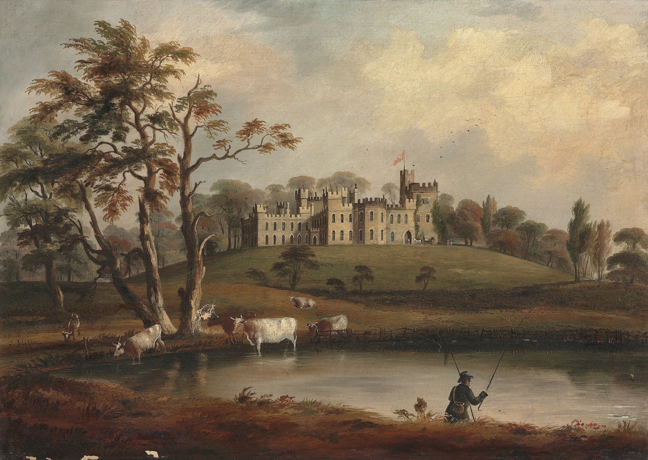 En vy av Hornby Castle, Yorkshire, med en sportfiskare och boskap på stranden av floden Wenning av J. Miller