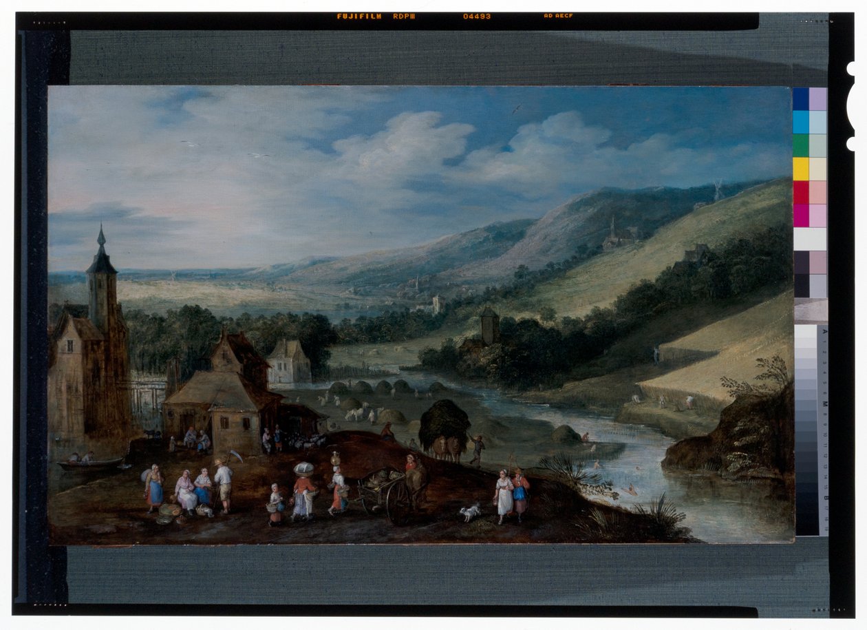 Ett vidsträckt flodlandskap med bönder som samlar skörden av J. & Momper J. de (1564 1635) Brueghel