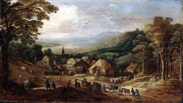 Höstlandskap med bönder av J. and Momper J. de Brueghel