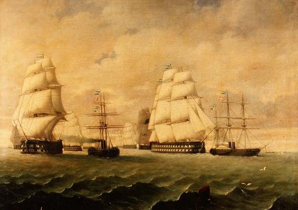 En stridsflotta och bogserbåtar av J. Murray
