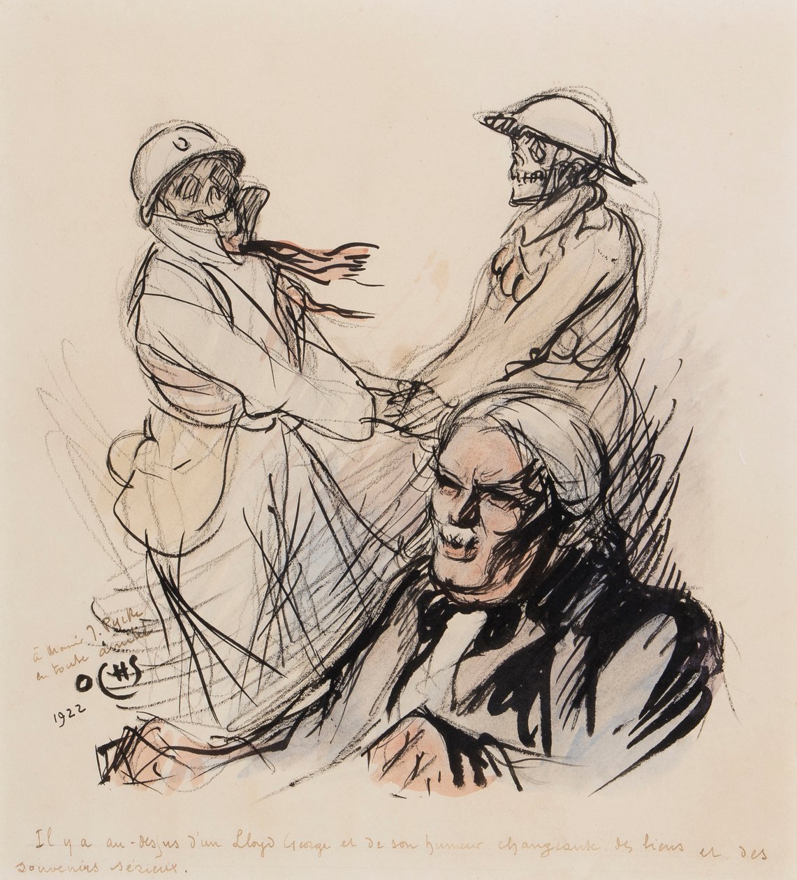 Lloyd George spelar fortfarande les lieus et les souvenirs serieux från första världskriget 1922, 1922 (penna, pensel, bläck och wc på papper) av J. Ochs