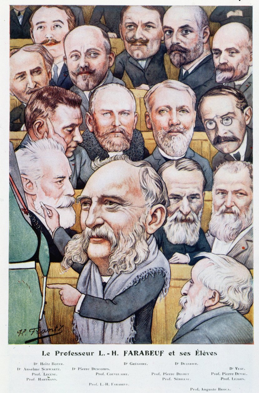 Professor Luis Hubert Farabeuf (1841-1910) och hans studenter, från Chanteclair, ca 1910 av J P. Frantz