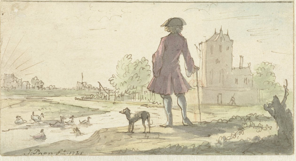 Man med hund nära vatten av J. Paon (signed by artist)