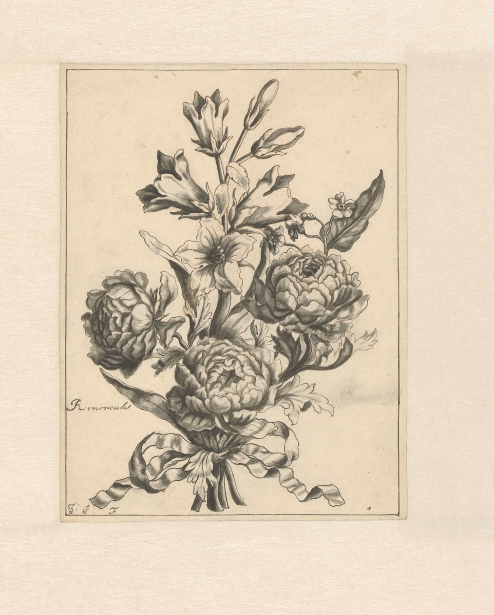 Smörblommor knutna med ett band Renuncules (titel på objekt) av J. Porteret