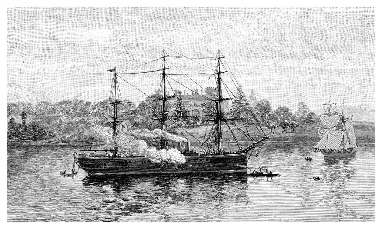 Government House och HMS Nelson, Sydney, New South Wales, Australien, 1886. av J. R. Ashton