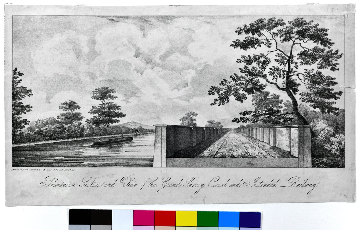 Tvärsnitt och vy över Grand Surrey Canal och den planerade järnvägen, ca 1835 (litografi på papper) av J. R. Jobbins