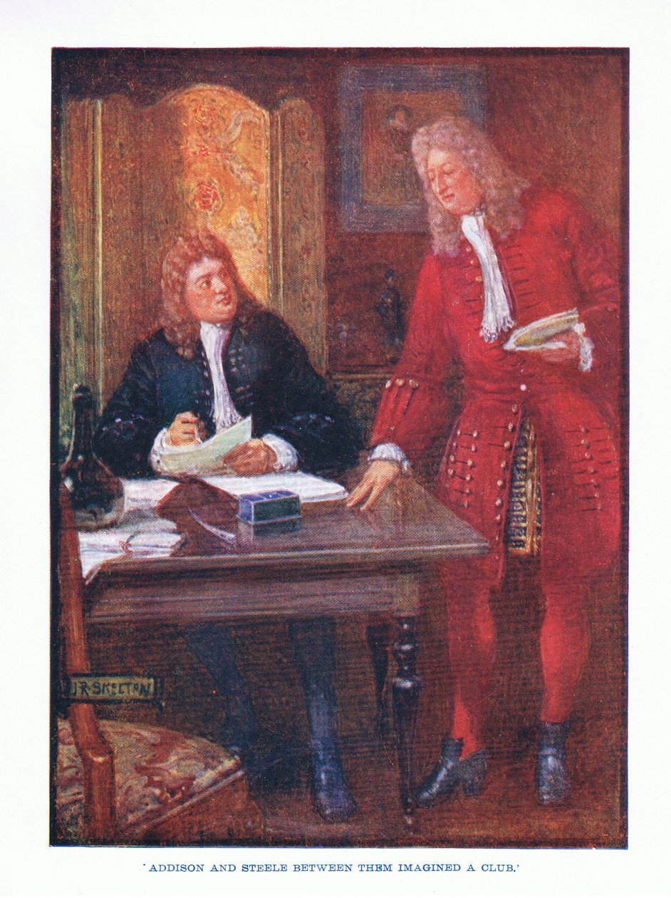 Addison och Steele föreställde sig mellan dem en klubb, från English Literature pub. av T C & EC Jack, ca 1920 av J. R. Skelton
