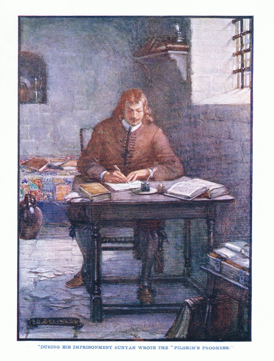 Under sin fängelse skrev Bunyan The Pilgrims Progress, från English Literature pub.av T C & EC Jack, ca 1920 av J. R. Skelton
