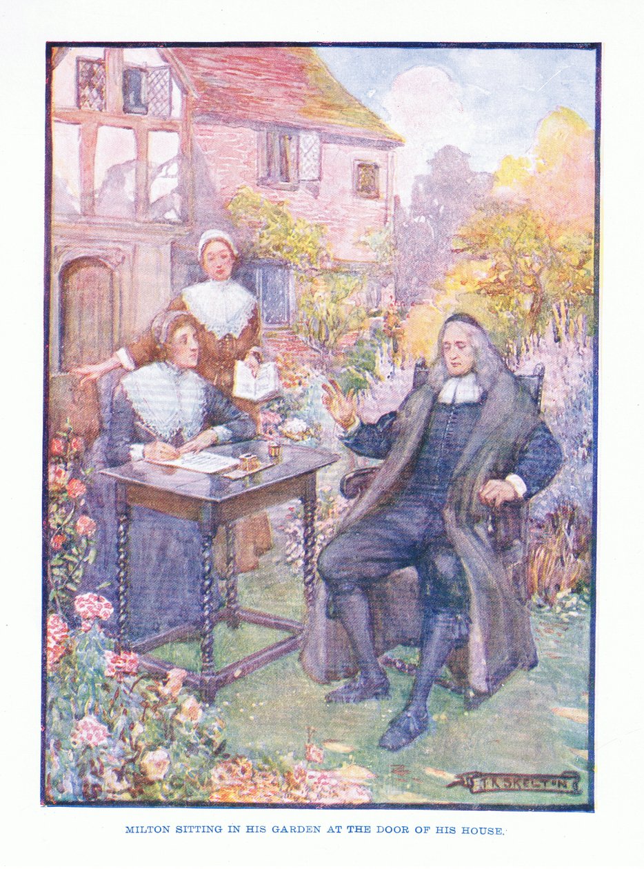 Milton sitter i sin trädgård vid dörren till sitt hus, från English Literature pub. av T C & EC Jack, ca 1920 av J. R. Skelton