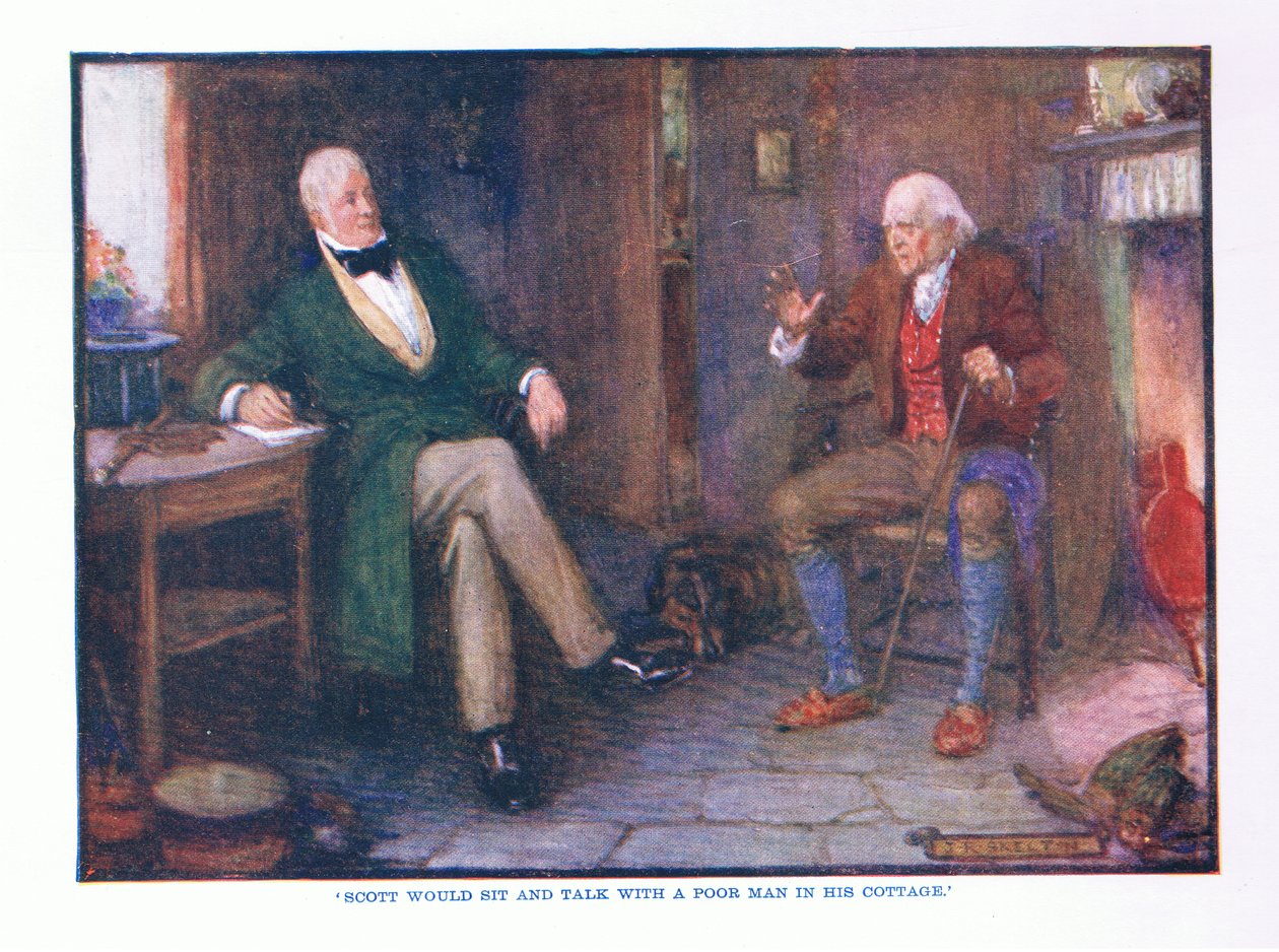 Scott satt och pratade med en fattig man i hans stuga, från English Literature pub. av T C & EC Jack, ca 1920 av J. R. Skelton