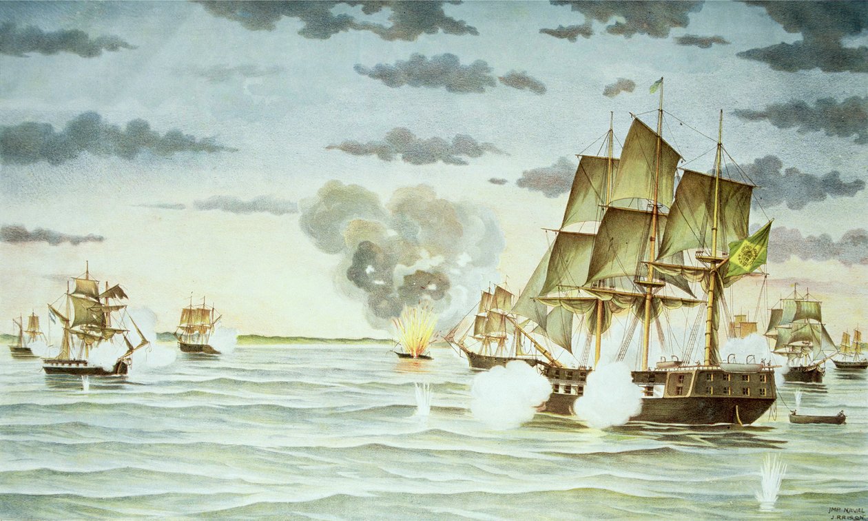 Slaget vid Quilmes under det cisplatinska kriget (1825-28) mellan Uruguay och Brasilien (gravyr) av J. Raison