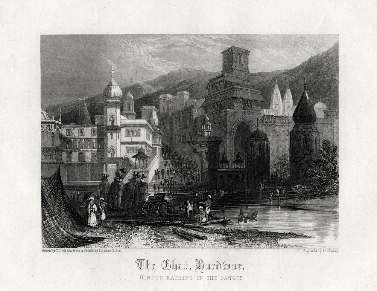 Ghat, Hurdwar, hinduer som badar i Ganges, 1800-talet av J. Redaway