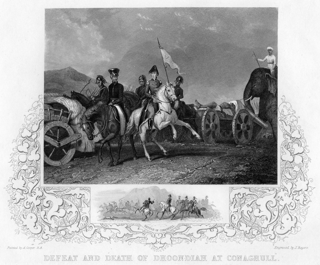 Dhoondiahs nederlag och död vid Conaghull, 1800, början av mitten av 1800-talet. av J. Rogers