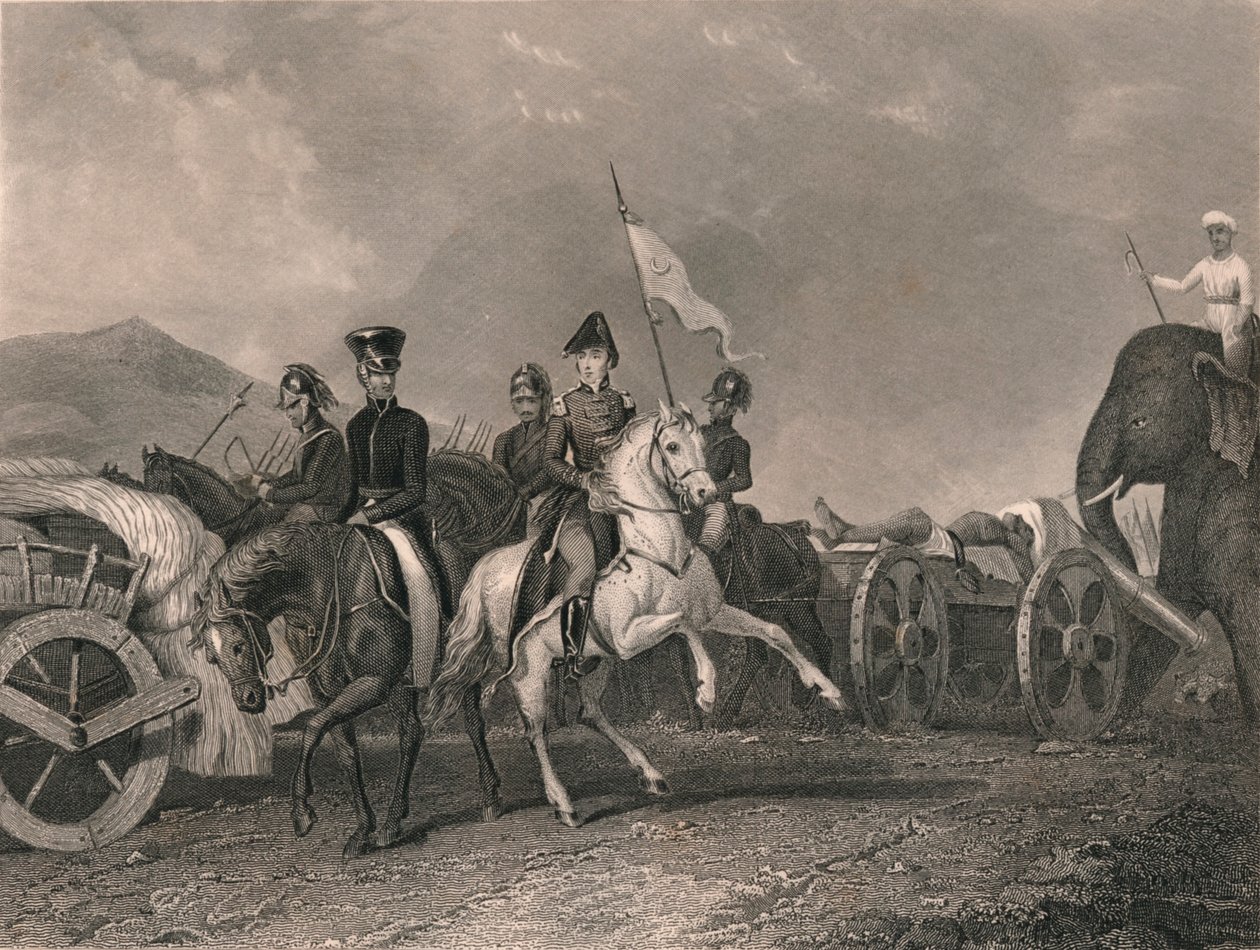 Dhoondiahs nederlag och död vid Conaghull, 1800, början av mitten av 1800-talet. av J. Rogers