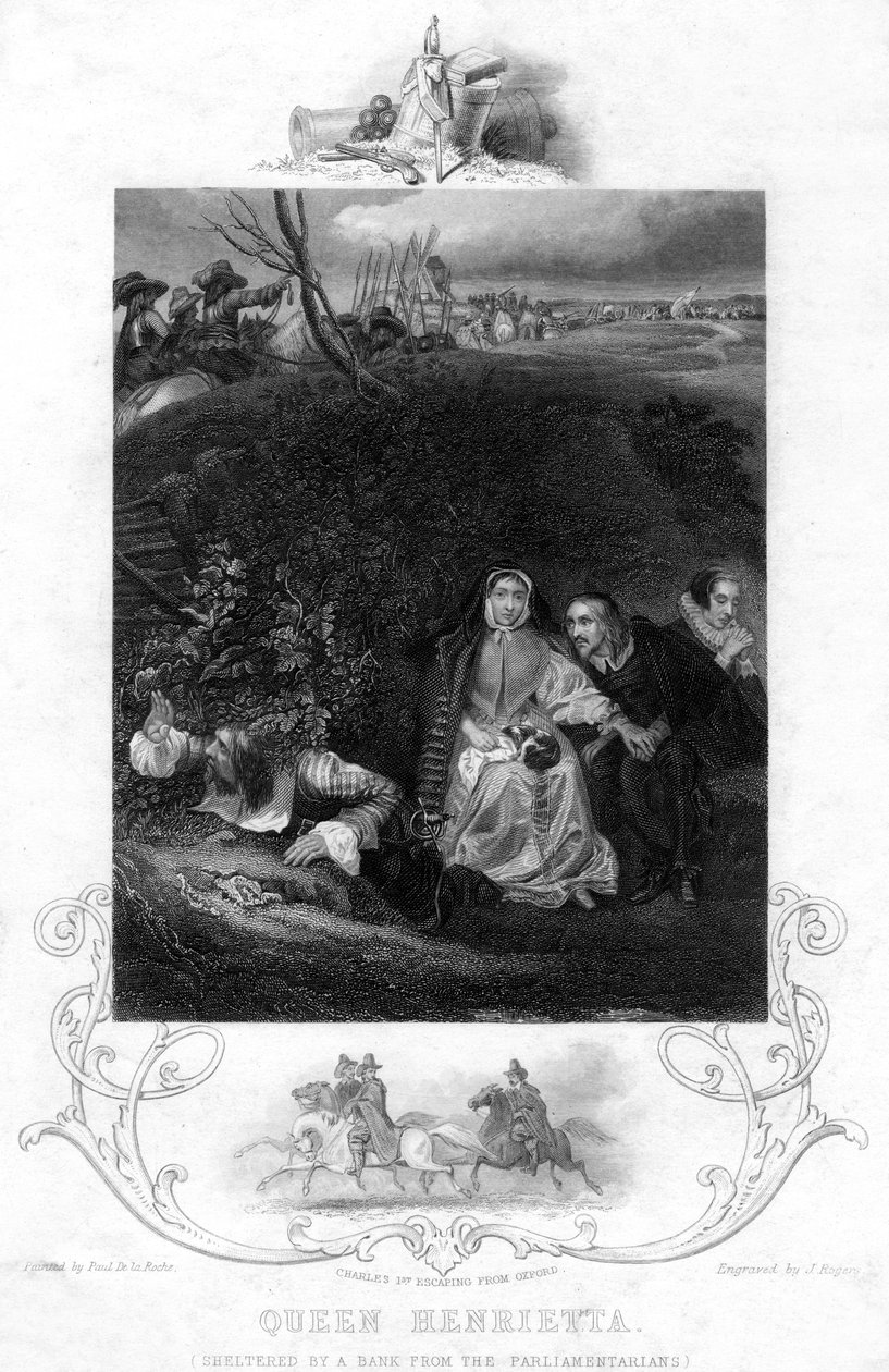 Drottning Henrietta, skydd vid en bank från parlamentarikerna, c1800-talet. av J. Rogers