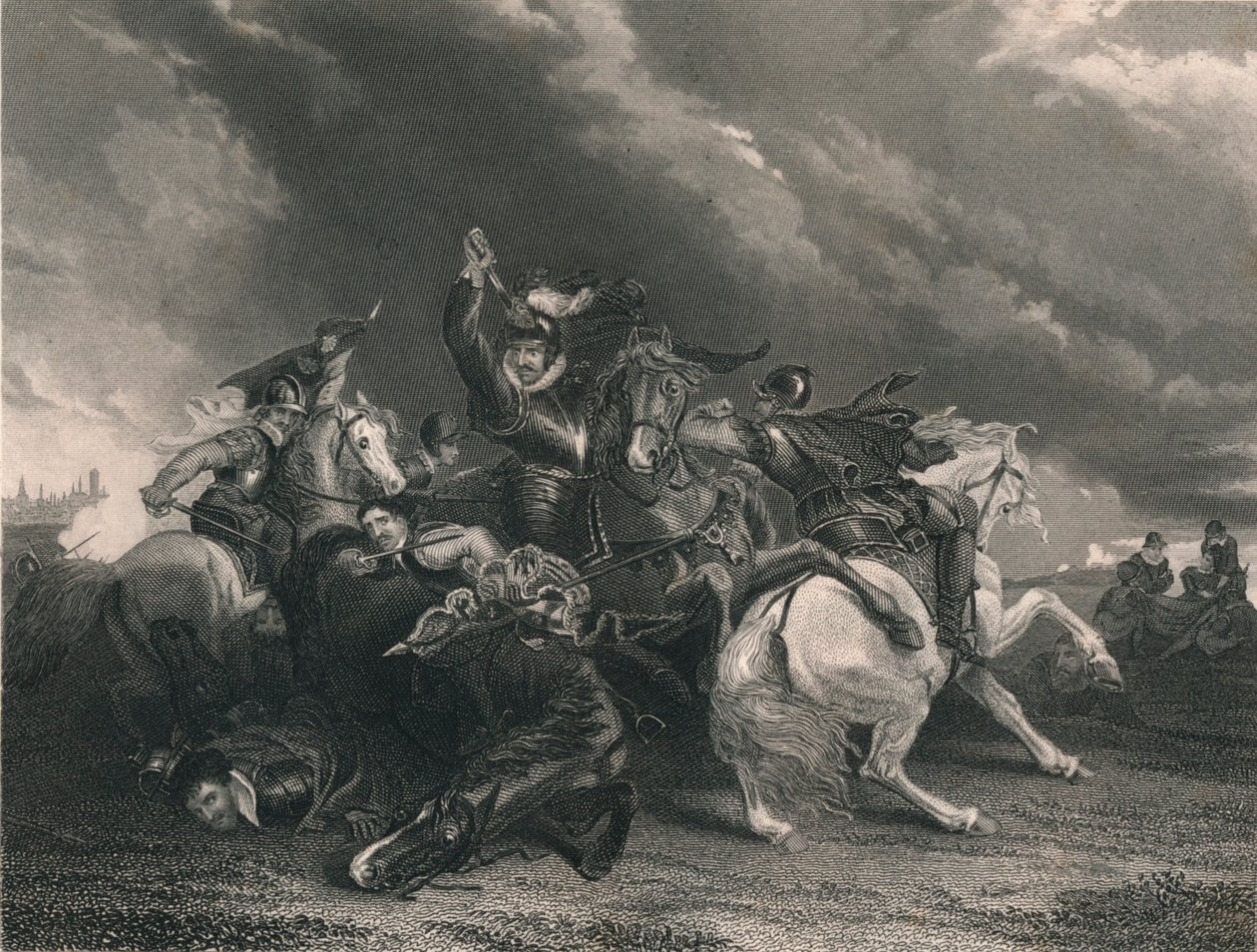 Sir William Russell vid slaget vid Zutphen, 1586, c1830-talet. av J. Rogers