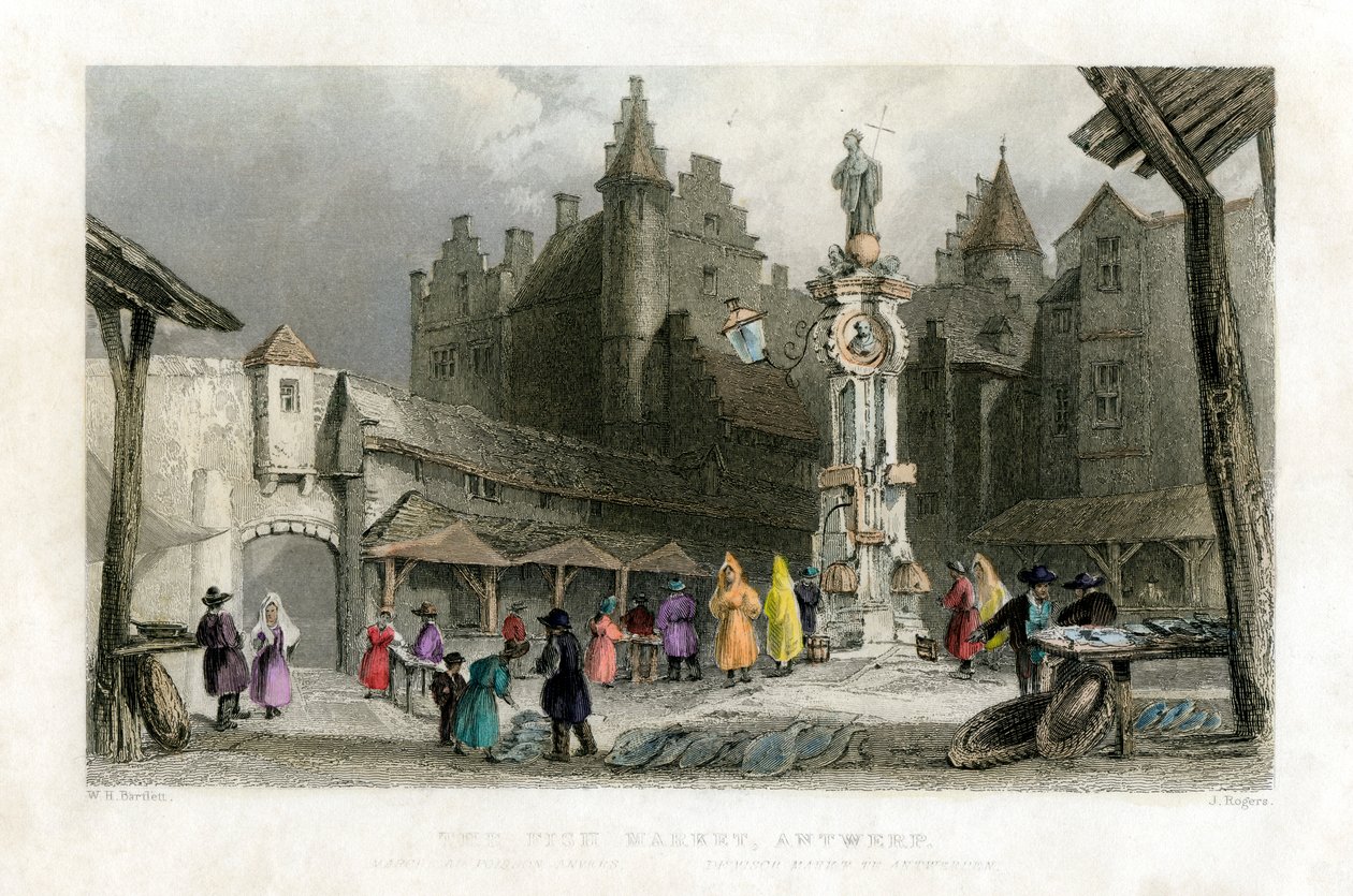 Fiskmarknaden, Antwerpen, Belgien, 1800-talet. av J. Rogers