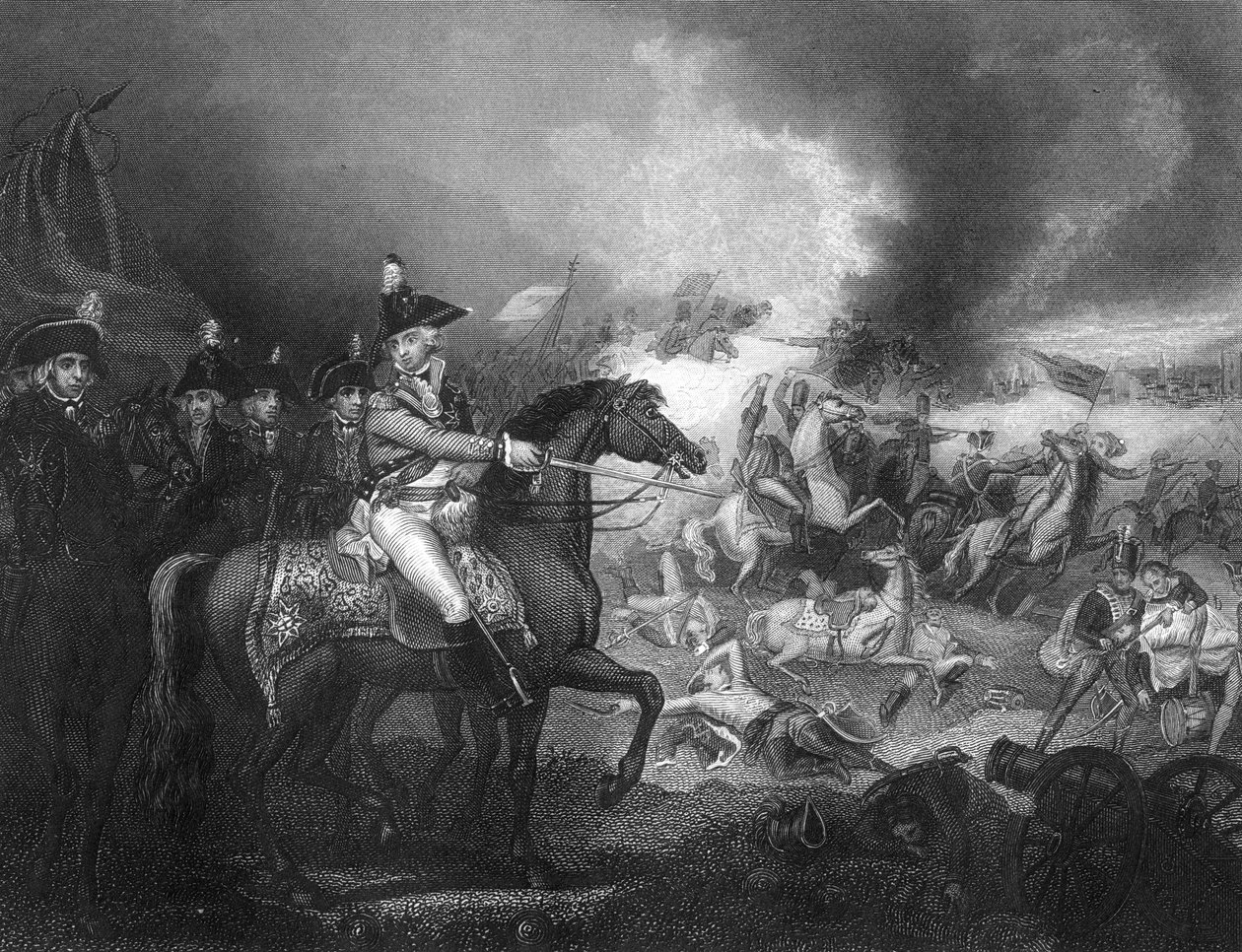Attacken på det franska lägret på kullarna i Famars nära Valenciennes, 23 maj 1793 c1857. av J. Rogers