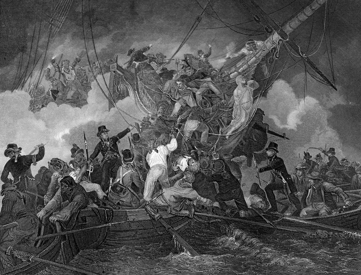 Utskärningen av korvetten La Chevrette, 21 juli 1801 c1857. av J. Rogers