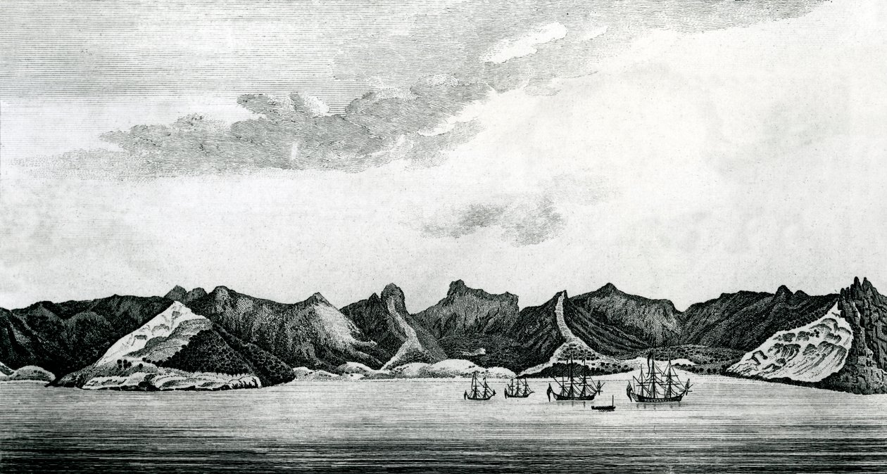 En vy över Cumberland Bay på ön Juan Fernandes, ca 1745 (gravyr) av J. S. Mason