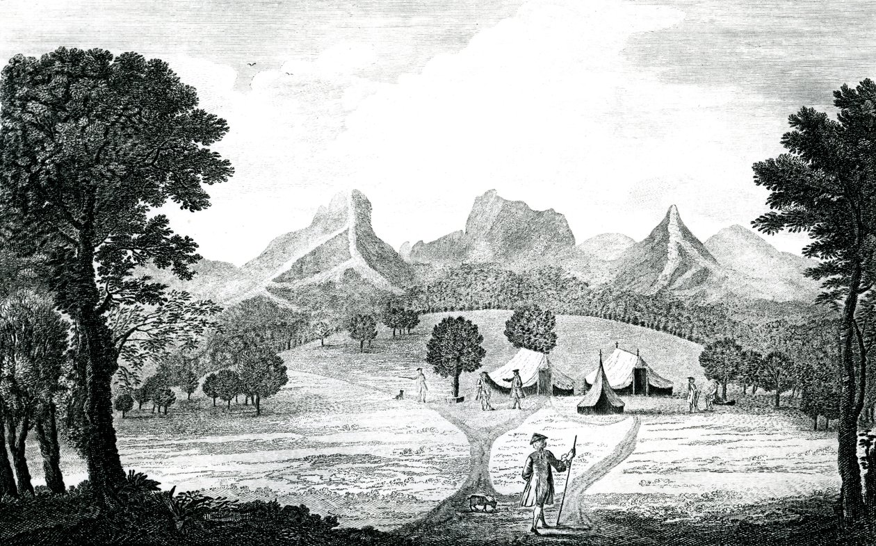 En vy av Commodore-tältet på ön Juan Fernandes, ca 1745 (gravyr) av J. S. Mason