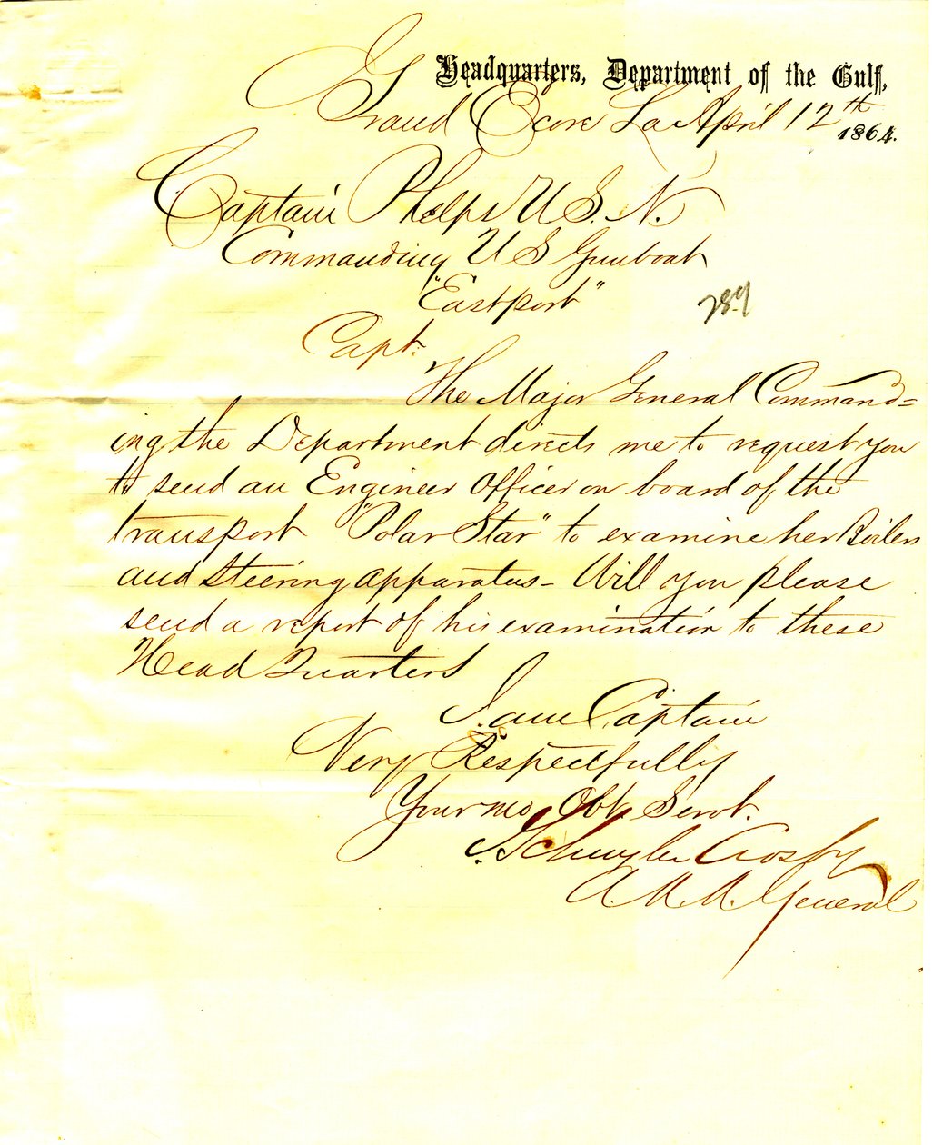 Letter from J. Schuyler Crosby, Grand Ecore, Louisiana, to Seth Ledyard Phelps, commanding U. S. S. Eastport, April 12, 1864 av J. Schuyler Crosby
