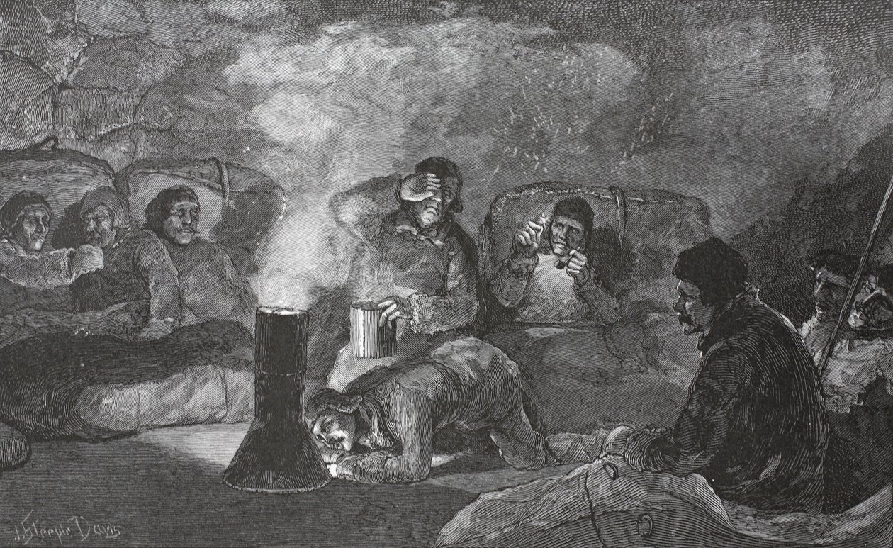 Interiör av vår vinterkoja på Camp Clay, under matlagning, 1883 pub. London 1886 av J. Steeple Davis