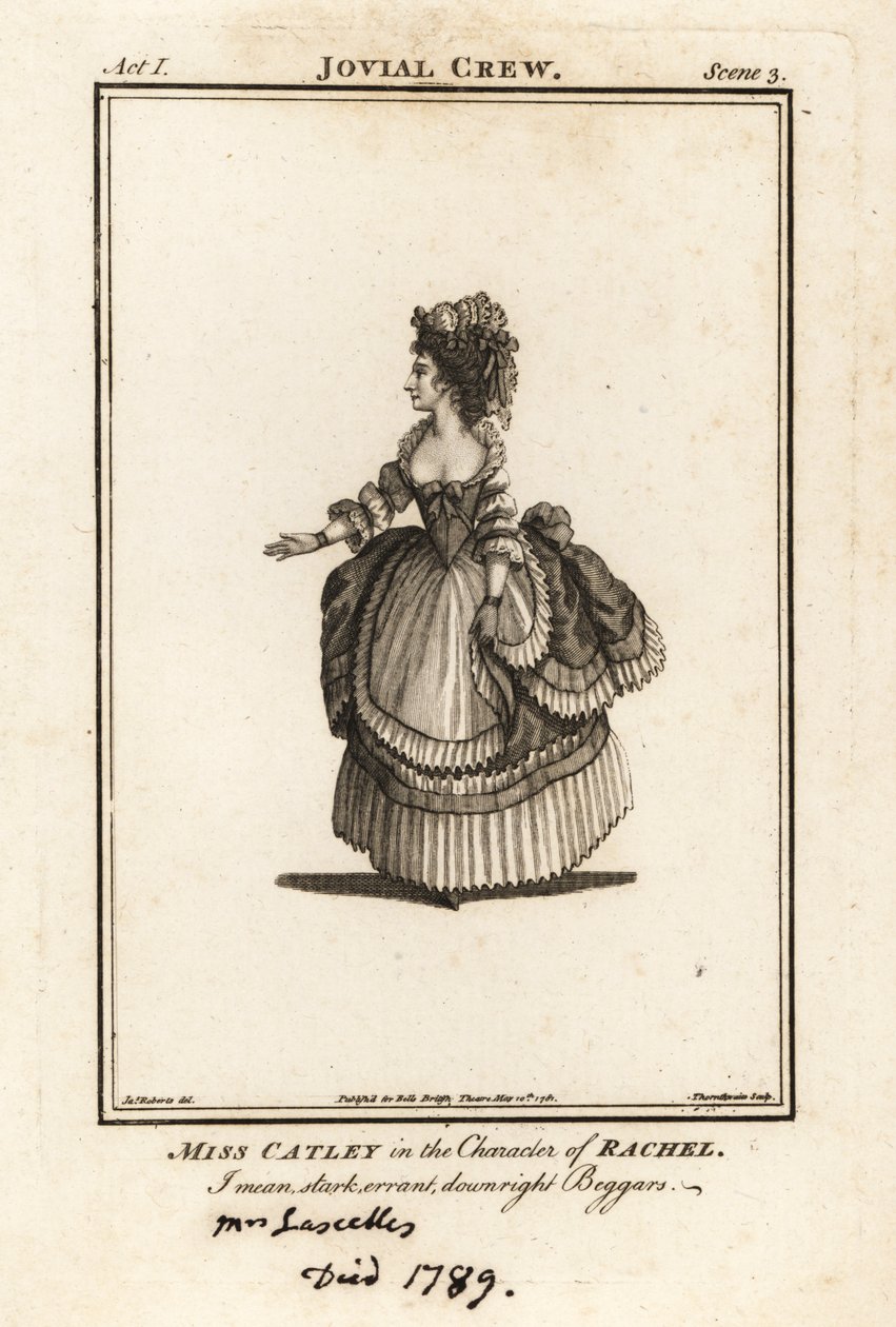 Miss Ann Catley i rollen som Rachel i Richard Bromes The Jovial Crew, Covent Garden Theatre av J. Thornthwaite