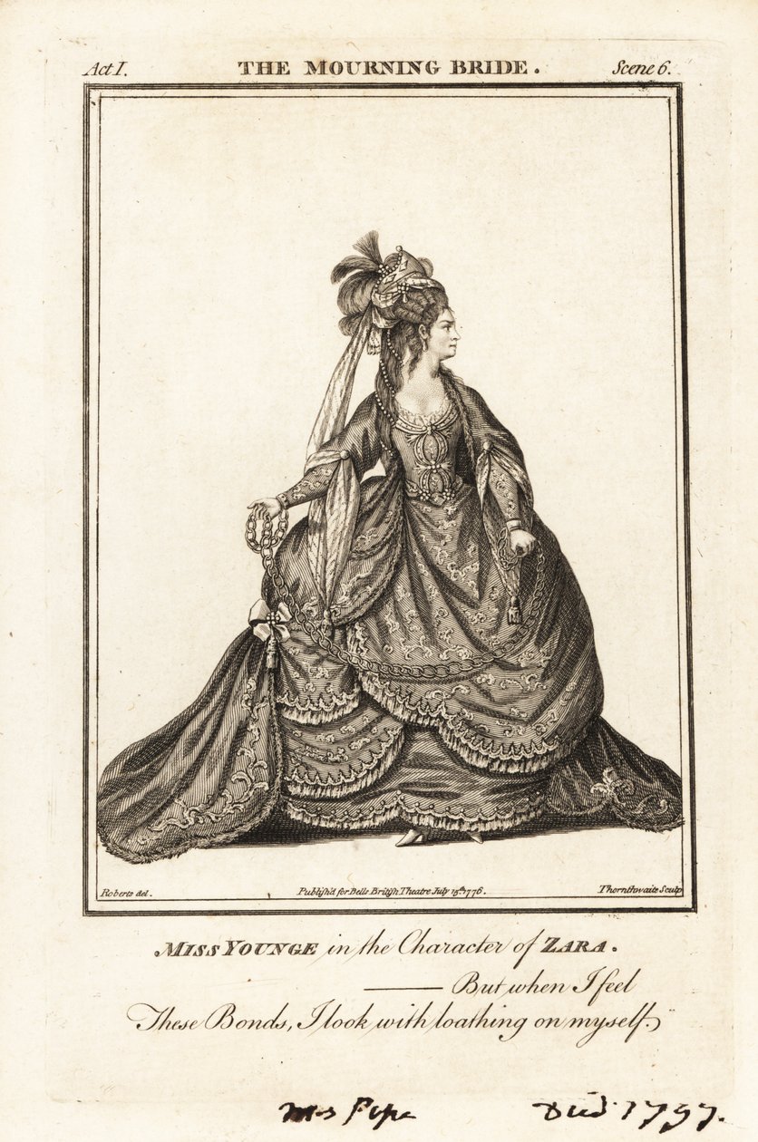 Miss Elizabeth Younge i rollen som Zara i William Congreves The Mourning Bride av J. Thornthwaite