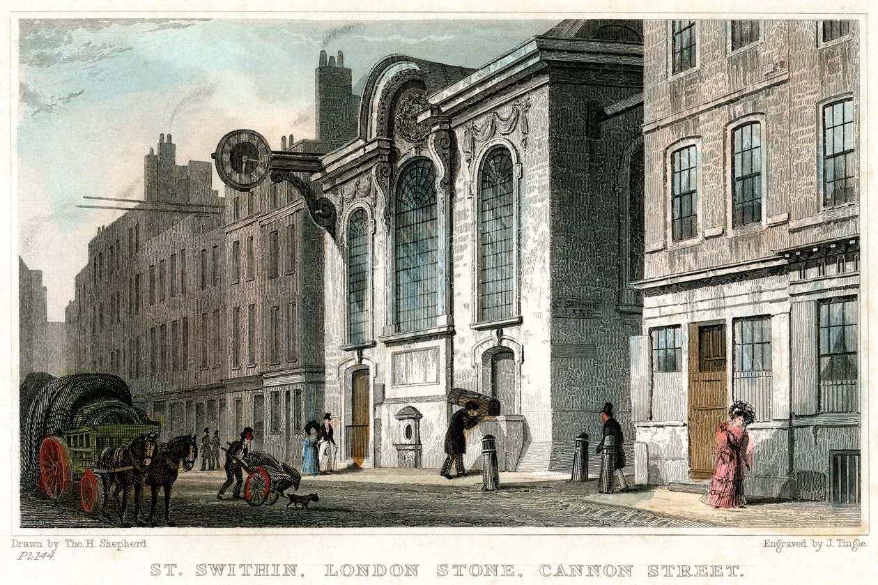Church of St Swithin och London Stone, Cannon Street, City of London, c1830. av J. Tingle
