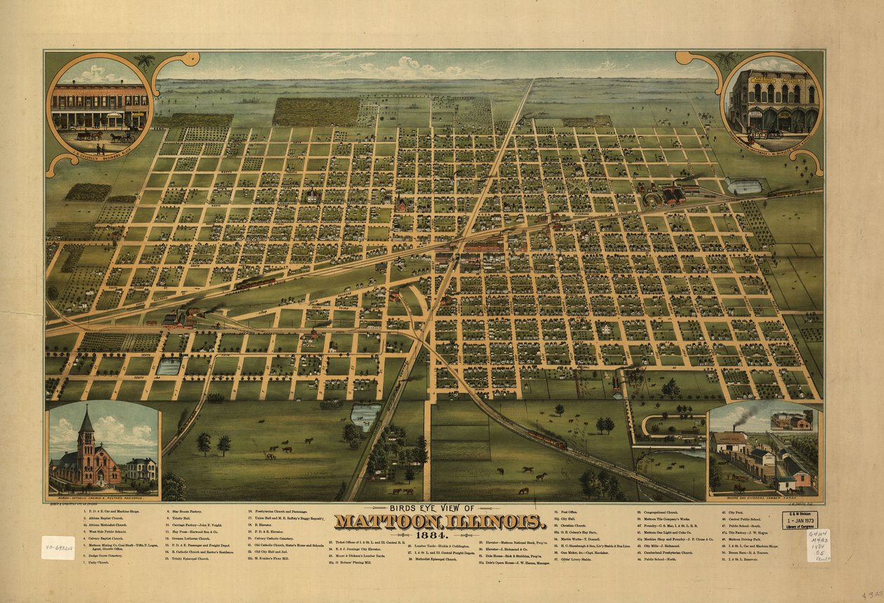 Fågelperspektiv över Mattoon, Illinois 1884. av J. W. Shober and Carqueville Smith
