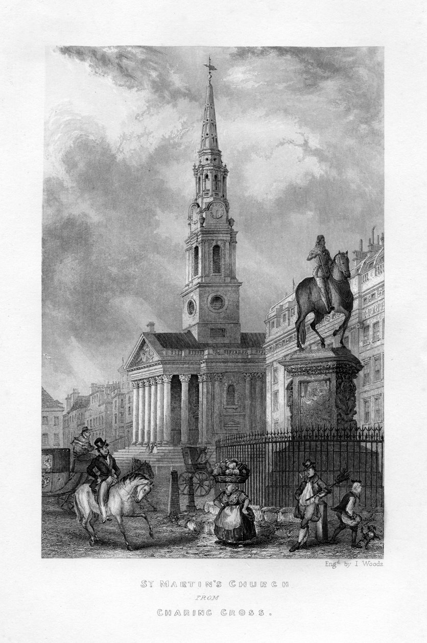 St Martins Church från Charing Cross, London, 1800-talet. av J. Woods