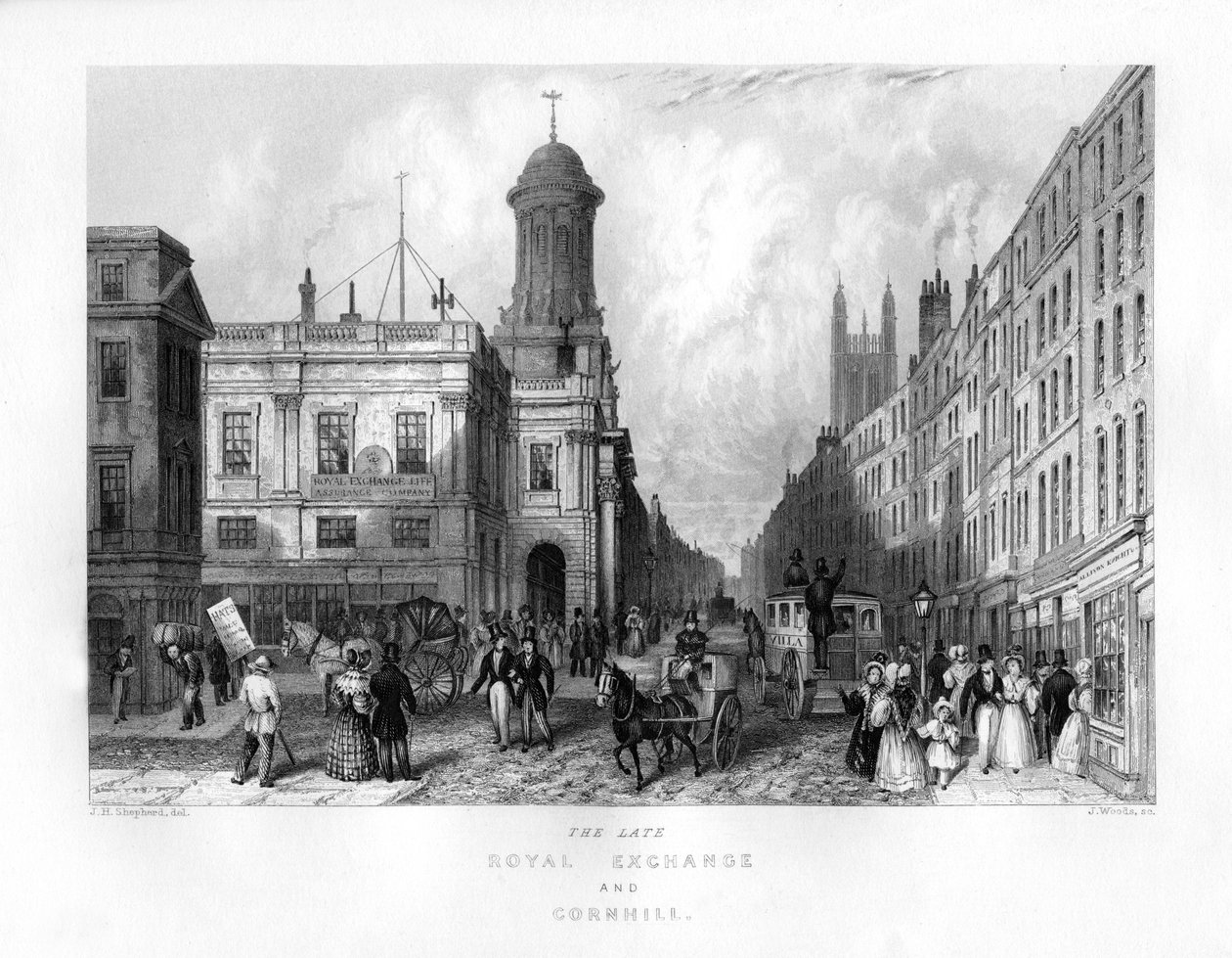 Den sena Royal Exchange och Cornhill, London, 1800-talet. av J. Woods
